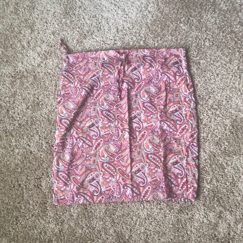 Paisley pink, red, and white drawstring skirt.